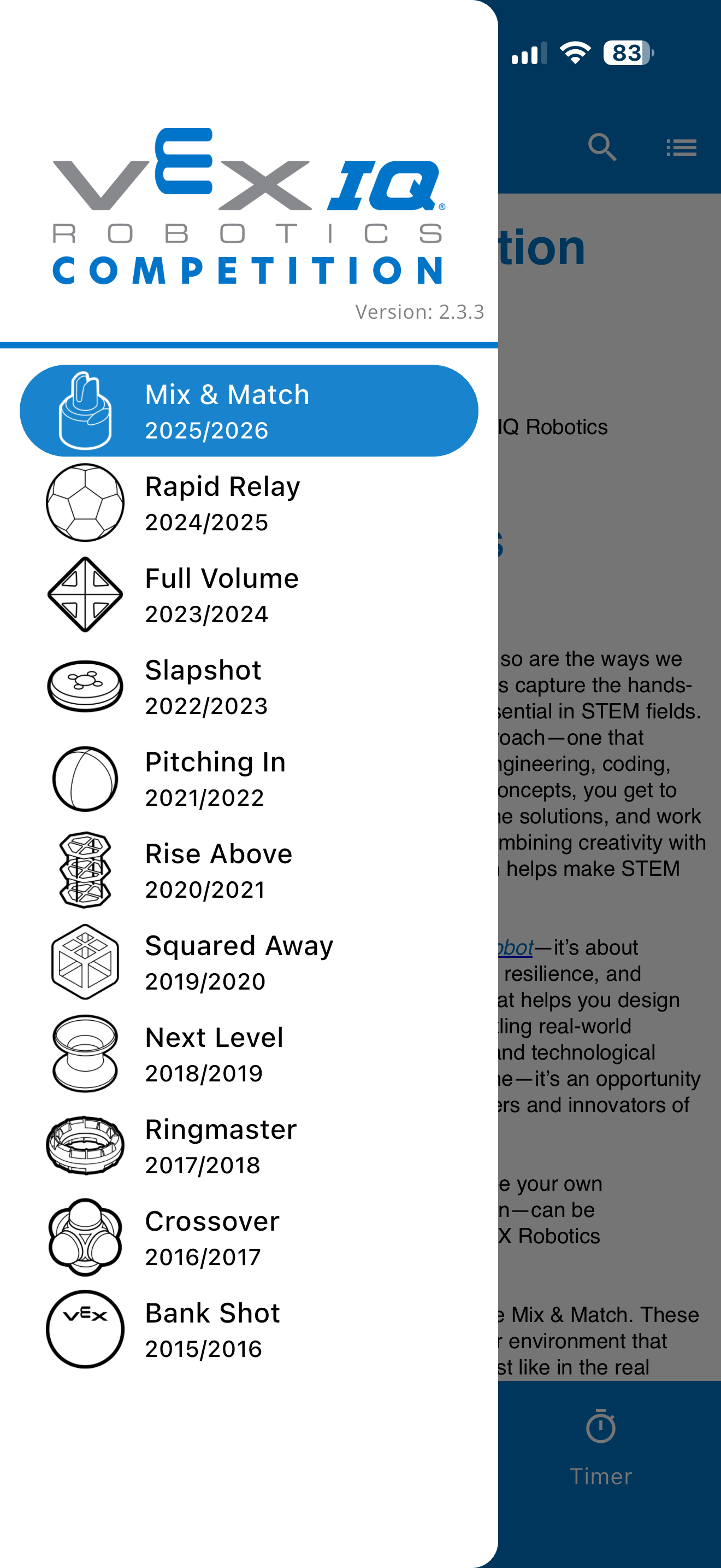 VEX IQ challenge app choose game